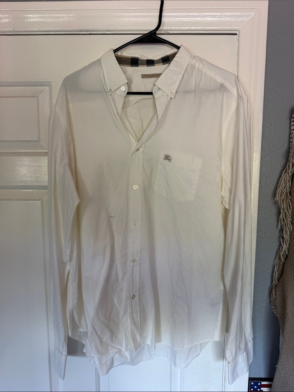 Burberry Men's Cream Button-Down Dress Shirt with Chest Pocket